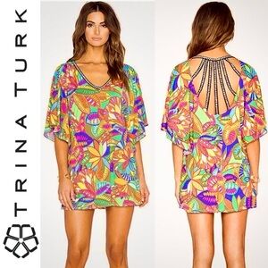 Trina Turk Montezuma Beach Coverup Tunic Dress M Boho Floral Print Cut Out Back